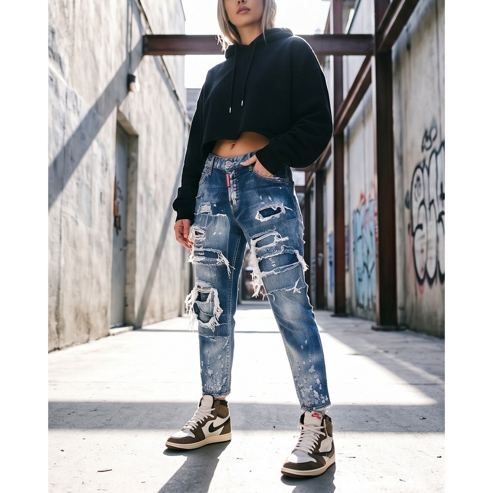 DSQUARED2 40 Cool Girl Cropped Jeans Distressed Blue‎ Denim 40 US 4-6 S72LA0955